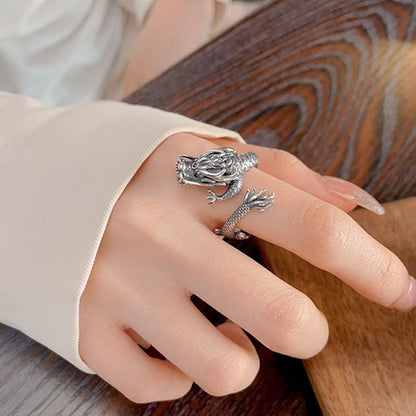 Rockyu シルバー925 龍頭リング フリーサイズ メンズ レディース 赤ジルコニア