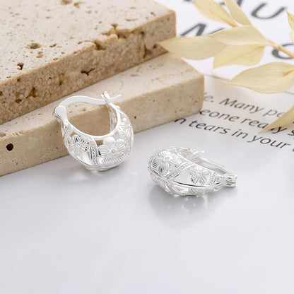 Rockyu シルバー925 桜花透かし彫りフープピアス 小ぶりヨーロピアンデザイン