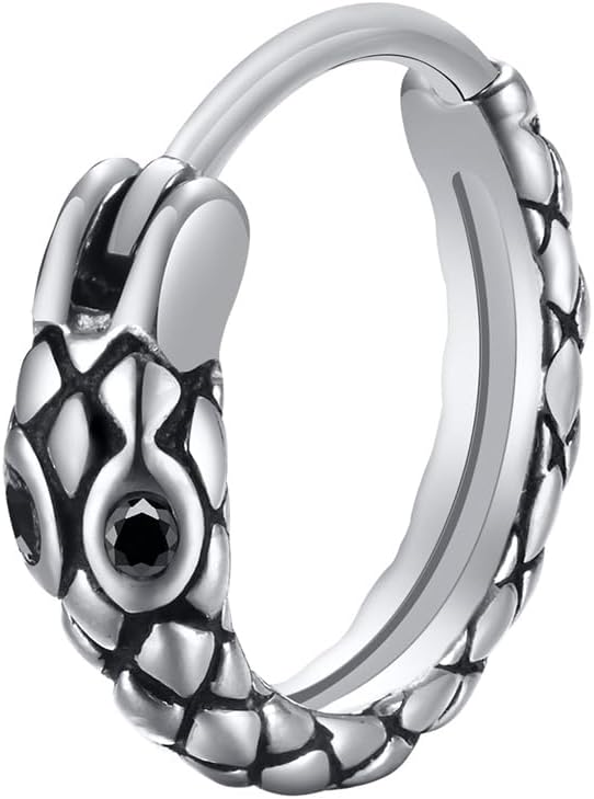 Rockyu ピアス メンズ ステンレス 蛇モチーフ フープ ブラックジルコニア シルバー 片耳用