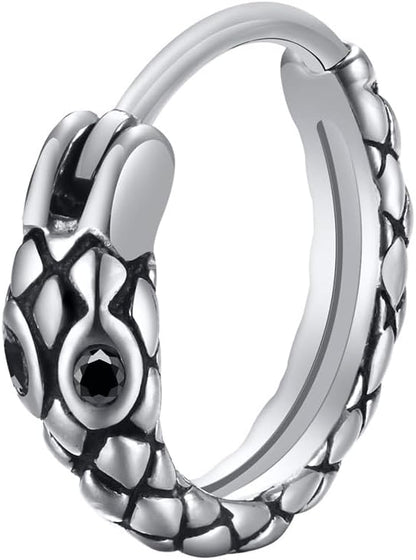 Rockyu ピアス メンズ ステンレス 蛇モチーフ フープ ブラックジルコニア シルバー 片耳用