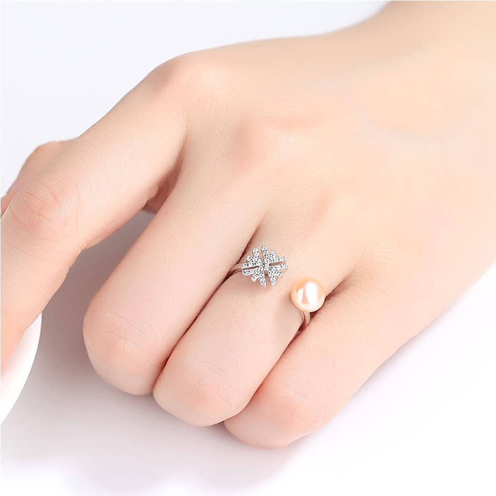 Rockyu レディースリング フリーサイズ パール＆雪の結晶モチーフ 指輪