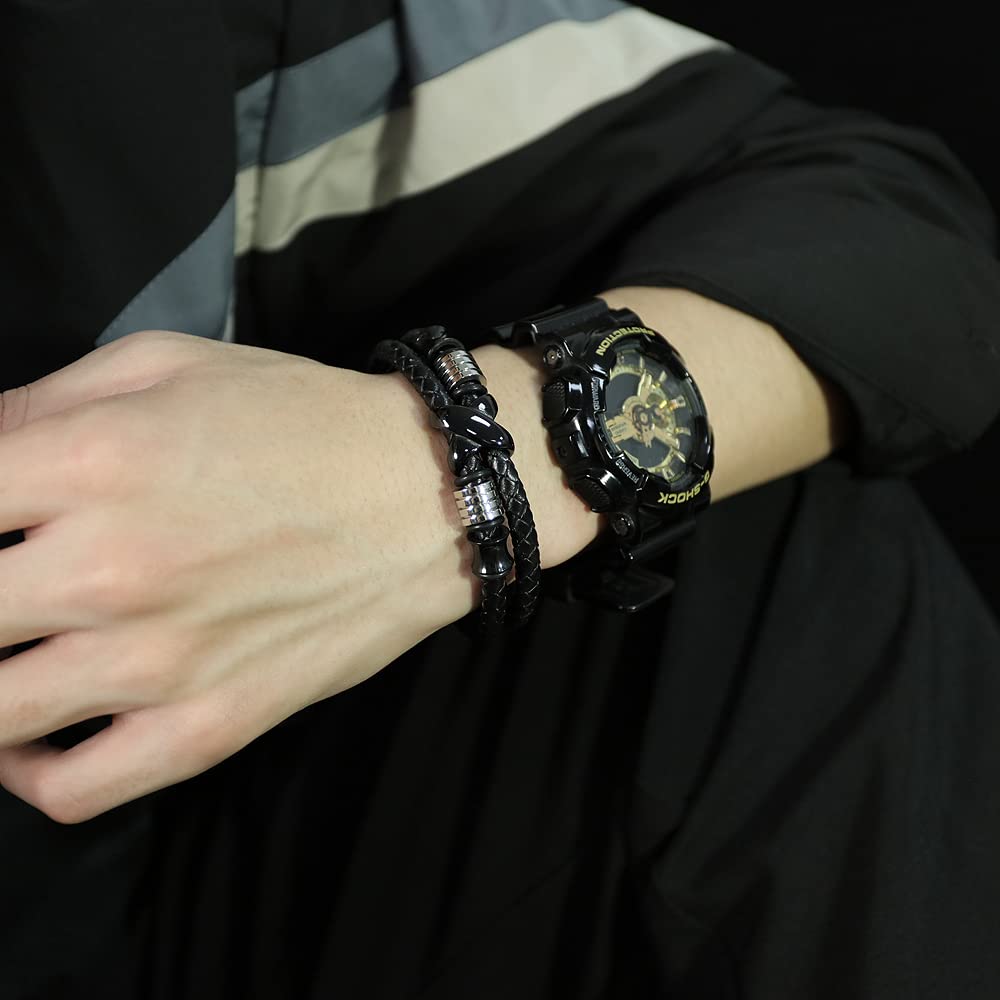 Rockyu ブレスレット メンズ レザー ステンレス 多層編み込み 三連バングル