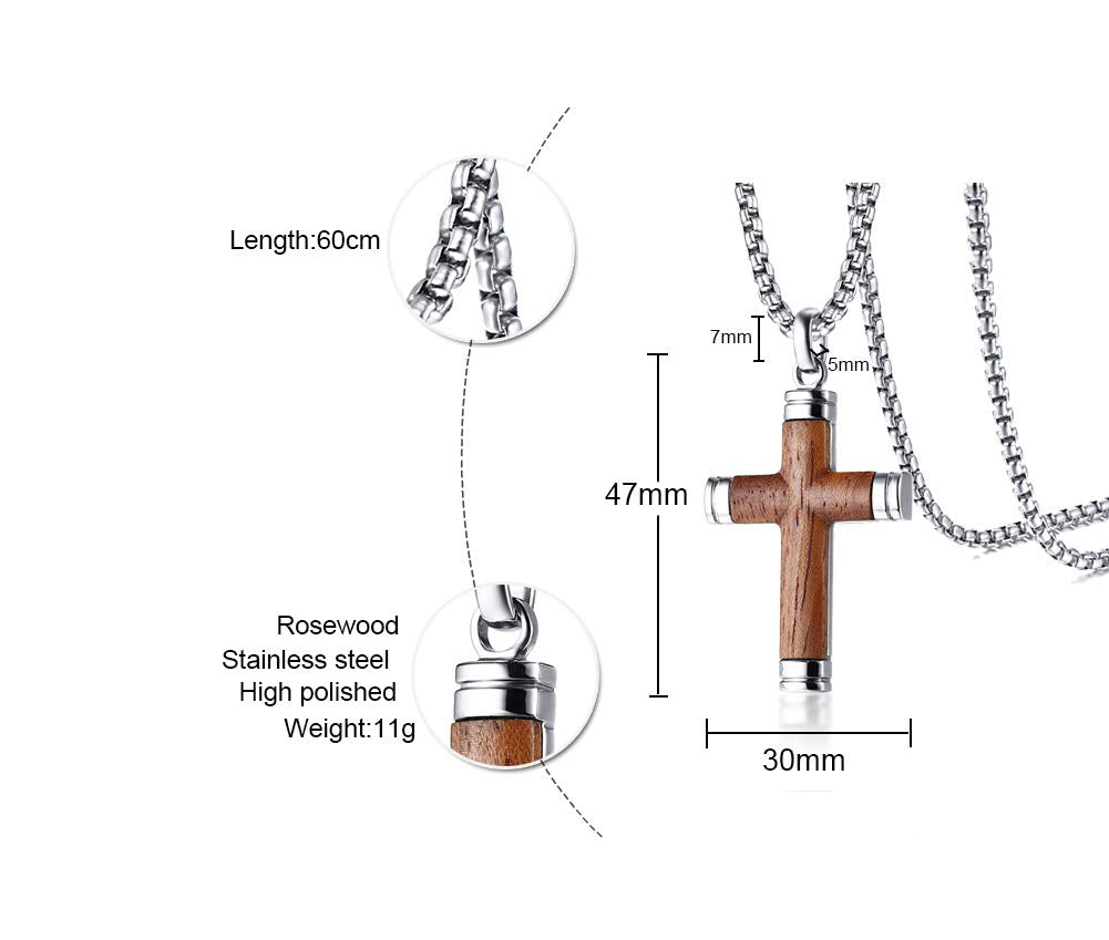 Rockyu ネックレス メンズ 十字架 シルバー チェーン チタン 梨花木 ブラウン クロス