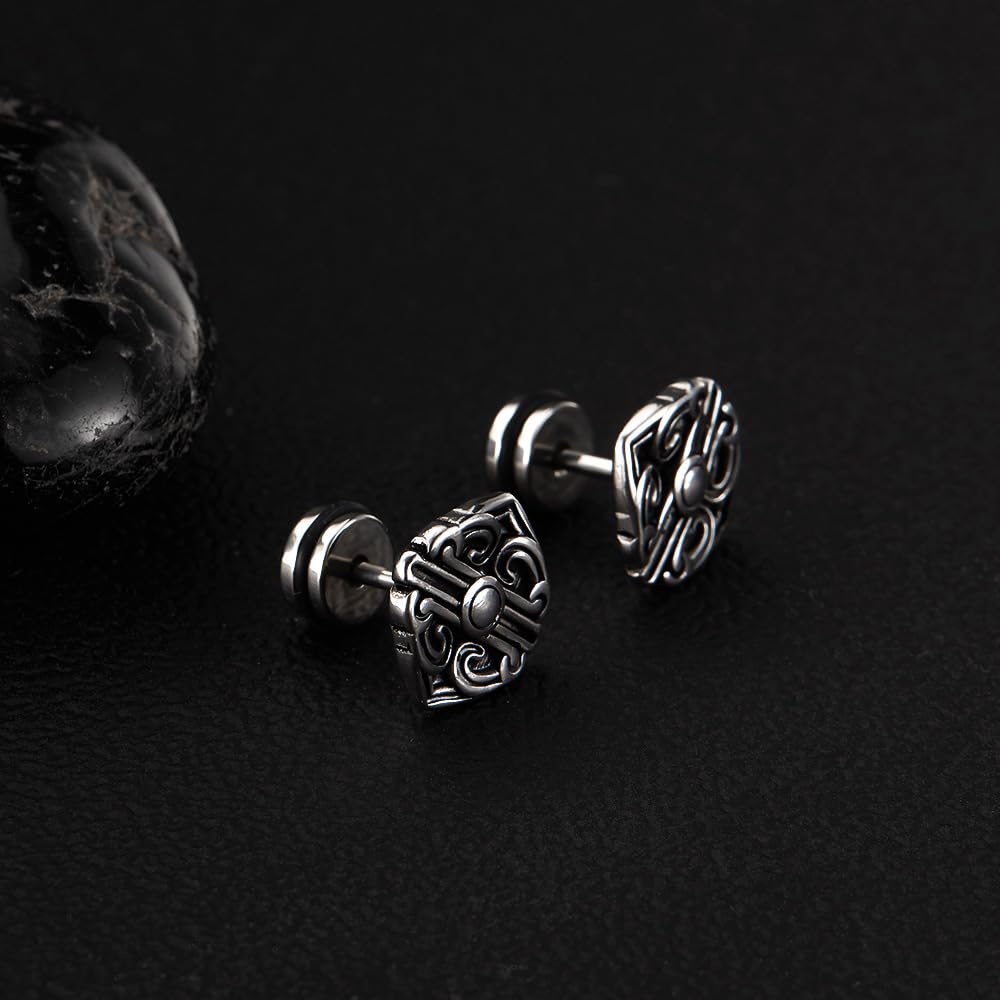 Rockyu ピアス メンズ ステンレス 片耳 四角モチーフ 彫刻風フラワーパターン ヴィンテージ調 アレルギー対応