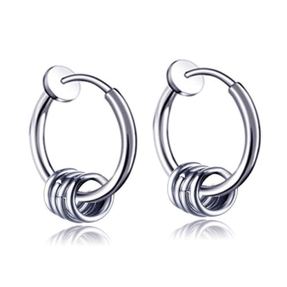 Rockyu フープピアス メンズ – 4連サークルデザイン シルバー＆ブラック 両耳セット