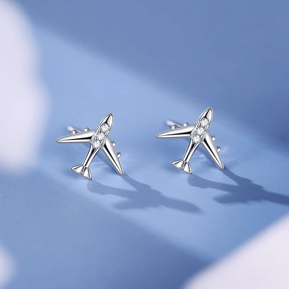 Rockyu レディース ピアス シルバー 飛行機モチーフ 小ぶりスタッドピアス キュービックジルコニア