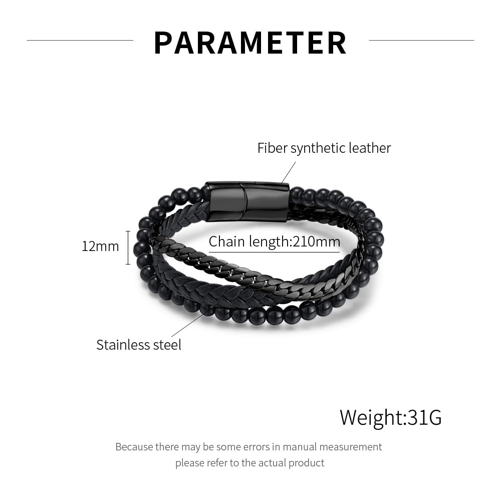 Rockyu メンズ 3連ブレスレット 喜平チェーン×ビーズ×編み込みレザー ゴールド×ブラック ステンレス 金属アレルギー対応