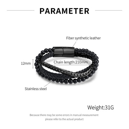 Rockyu メンズ 3連ブレスレット 喜平チェーン×ビーズ×編み込みレザー ゴールド×ブラック ステンレス 金属アレルギー対応
