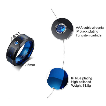 Rockyu タングステンリング メンズ 龍紋デザイン 8mm 幅広 AAAジルコニア ブルー×ブラック