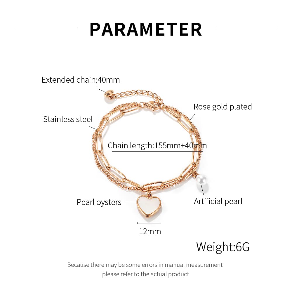 Rockyu ブレスレット レディース 二連チェーン ハート&パールモチーフ チタン製