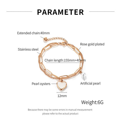 Rockyu ブレスレット レディース 二連チェーン ハート&パールモチーフ チタン製
