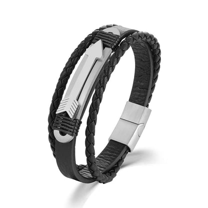 Rockyu ブレスレット メンズ 本革 多重編み込み 矢印モチーフ ゴールド＆シルバー アジアン風