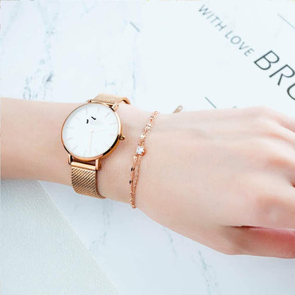 Rockyu ブレスレット レディース ピンクゴールド 2連チェーン ジルコニア付き 細身ジュエリー アレルギー対応