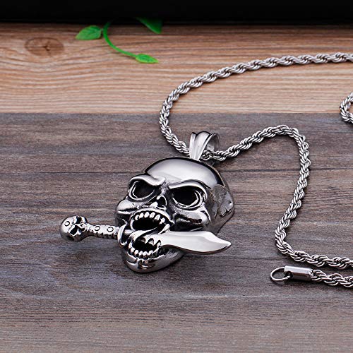 【牙を剥くドクロ】ステンレス製スカル×ソードペンダント｜ユニセックスネックレス