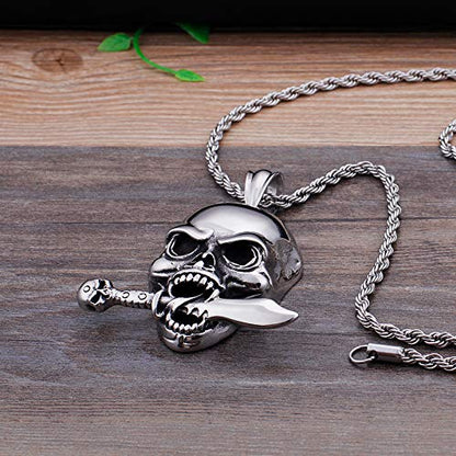 【牙を剥くドクロ】ステンレス製スカル×ソードペンダント｜ユニセックスネックレス