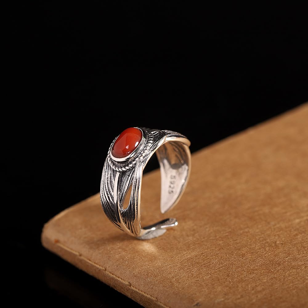 Rockyu 南紅瑪瑙 シルバー925 羽根モチーフリング アンティーク調 開口調整可能