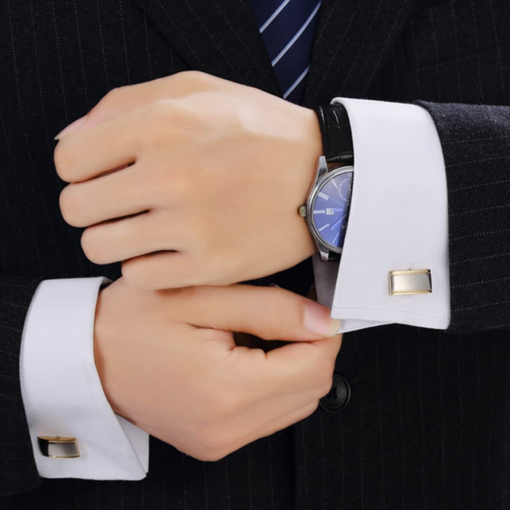 Rockyu カフスボタン メンズ おしゃれ 長方形 シルバー×ゴールド 二色 サテン加工 ビジネス 紳士カフリンクス