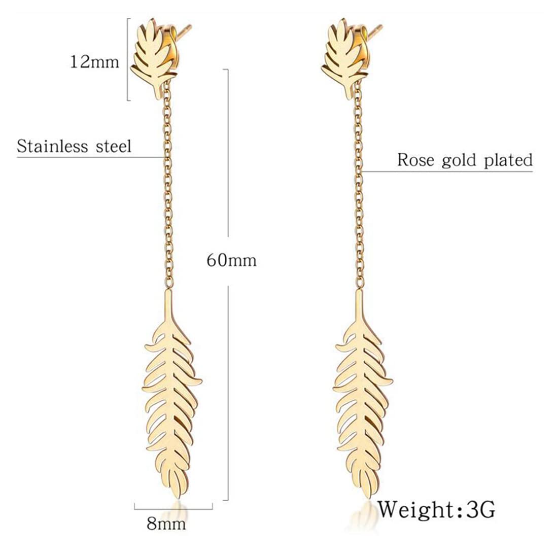 Rockyu ピアス レディース ゴールド 木の葉モチーフ ロングチェーン 揺れる羽ピアス