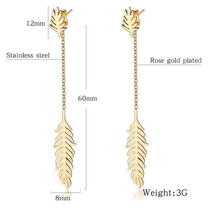 Rockyu ピアス レディース ゴールド 木の葉モチーフ ロングチェーン 揺れる羽ピアス