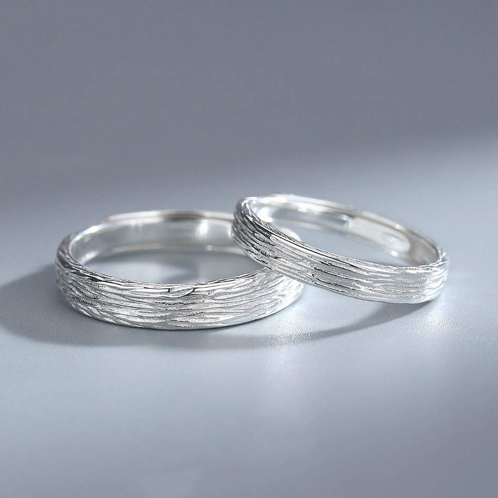 Rockyu ペアリングセット シルバー925 木目調デザイン カップル用フリーサイズ