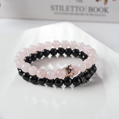 Rockyu ブレスレット メンズ レディース 2連 数珠 ビーズ 天然石 瑪瑙 クリスタル クラウン 開運 厄除けアクセサリー