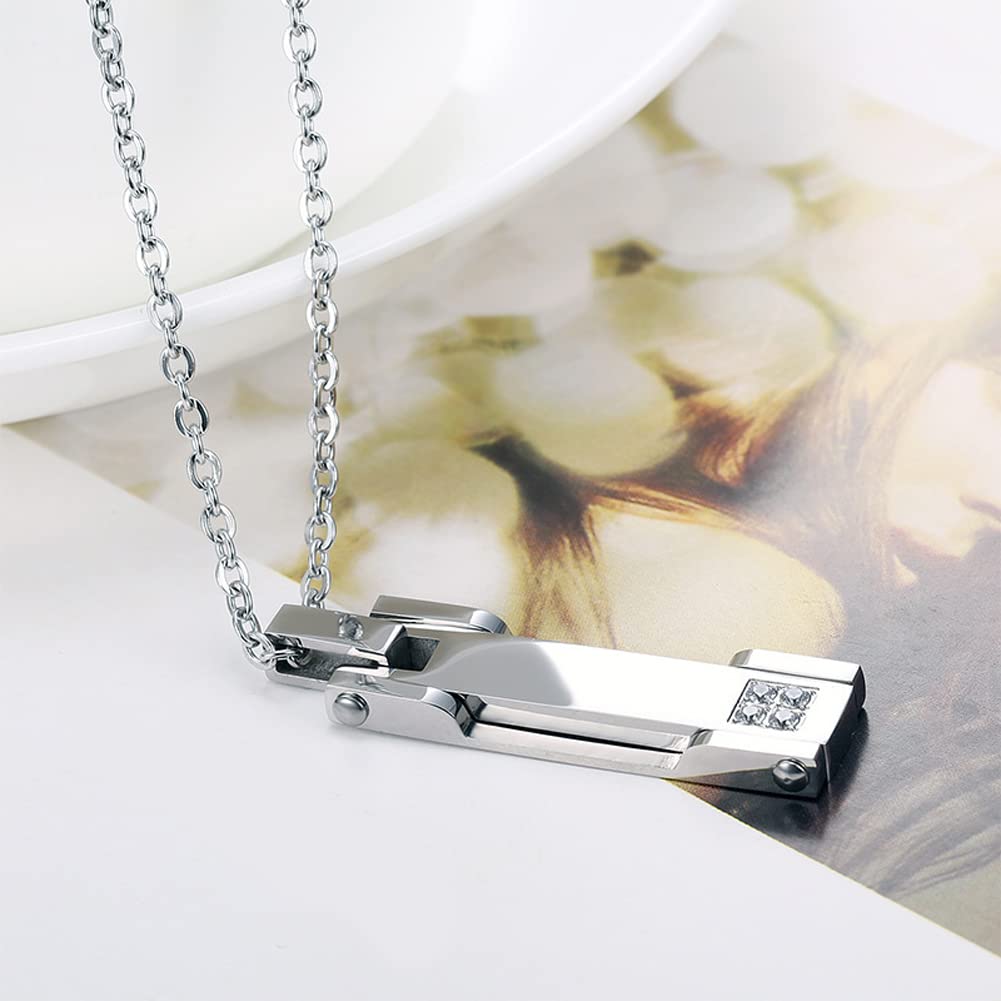 Rockyu ペアネックレス ステンレス メンズ レディース シルバー ジルコニア スティックペンダント