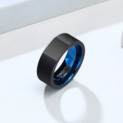 Rockyu タングステン リング メンズ ブルー×ブラック 8mm幅 重厚リング 高硬度鏡面仕上げ