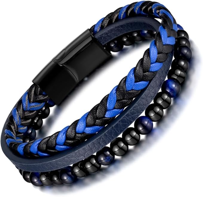 [Rockyu] ブレスレット メンズ レザー 編み込み 数珠 3連ブレスレット ステンレス マグネット留め ブルー ブラック ブランド