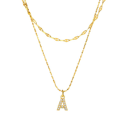 Rockyu イニシャルネックレス レディース ゴールド A〜Z 26文字 ジルコニア 二連チェーン ステンレス製 金属アレルギー対応