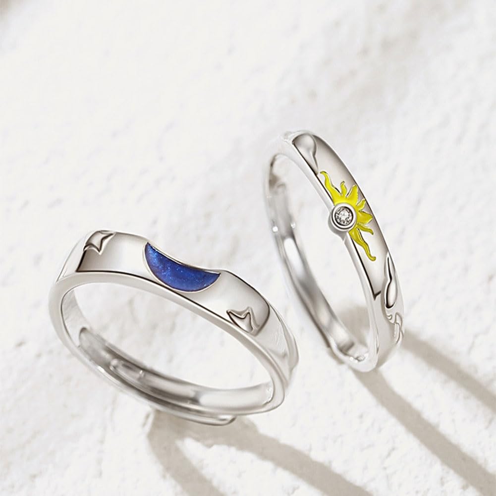 Rockyu 太陽と月のペアリング シルバー925 日月デザイン 指輪 調整可能