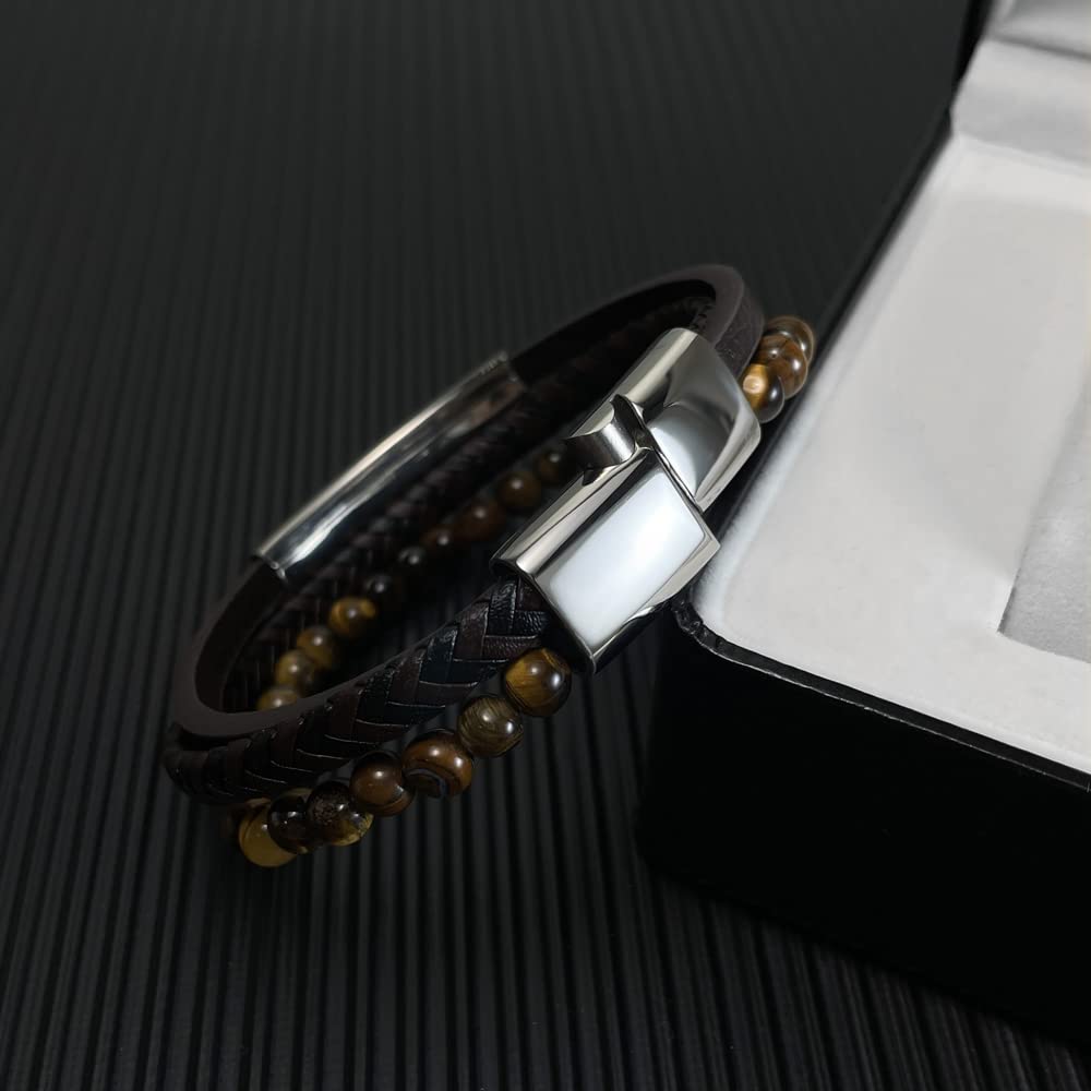 Rockyu ブレスレット メンズ タイガーアイ風 数珠＆レザー 3連風 ステンレス マグネット留め具付き