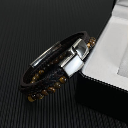 Rockyu ブレスレット メンズ タイガーアイ風 数珠＆レザー 3連風 ステンレス マグネット留め具付き