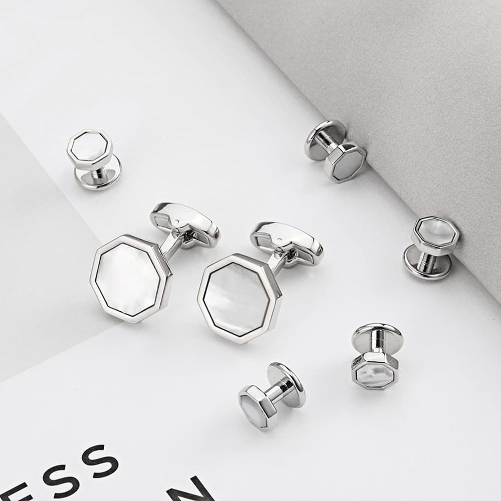 Rockyu カフスボタン メンズ 八角形 シルバー 白蝶貝 ステンレス カフスセット