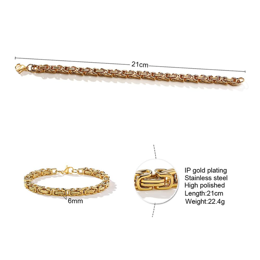 Rockyu ブレスレット メンズ ビザンチンチェーン ステンレス 幅6mm ブラック＆シルバー＆ゴールド