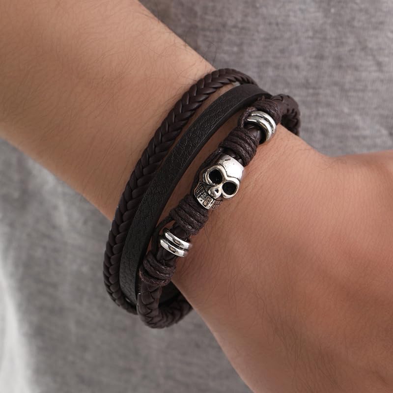 Rockyu ブレスレット メンズ レザー スカル パンク風 ダブルラップ マグネット留め具 シルバーアクセ