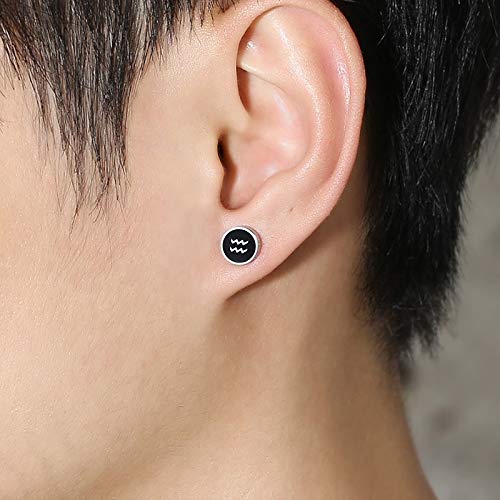 Rockyu 星座ピアス 8mm ステンレス ブラック メンズ レディース 水瓶座 アンティーク風