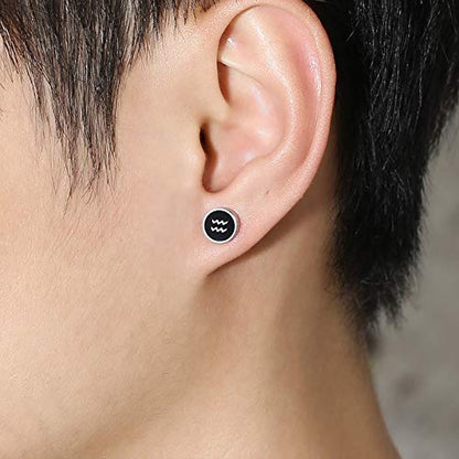 Rockyu 星座ピアス 8mm ステンレス ブラック メンズ レディース 水瓶座 アンティーク風