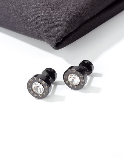 Rockyu ピアス メンズ ステンレス ブラック ローマ数字 ラウンド ジルコニア アレルギー対応