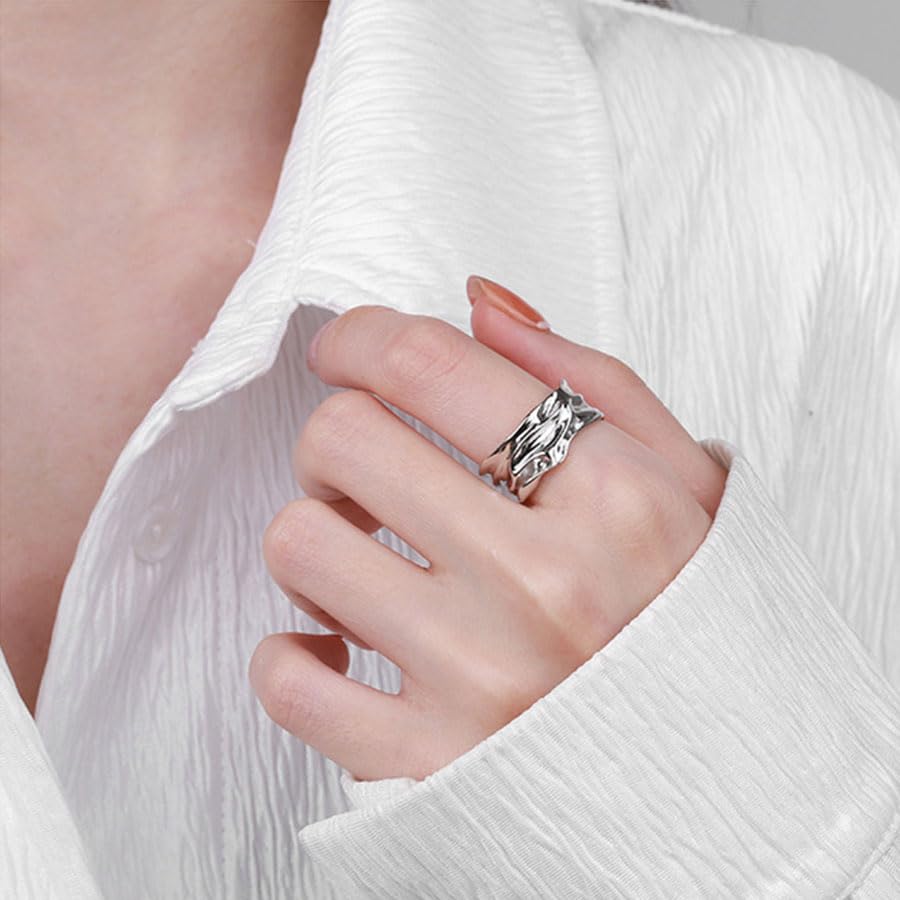 Rockyu 指輪 レディース メンズ 太め シルバー925 ツイストリング 不規則デザイン フリーサイズ 男女兼用 おしゃれ プレゼント
