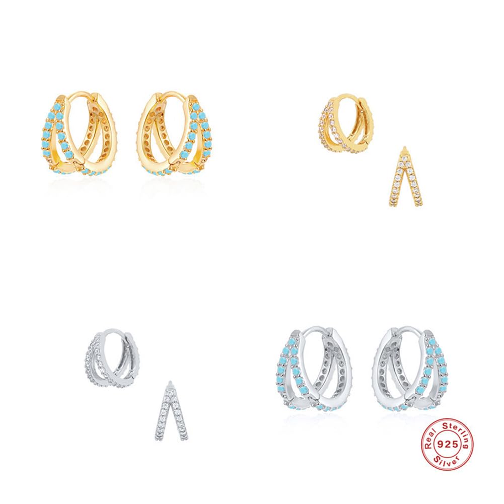 Rockyu ピアス レディース フープ＆ラインセット シルバー925 18金仕上げ 小さめ ジルコニア