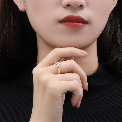 Rockyu レディースリング フリーサイズ ダブルライン風 シルバー＆ゴールド 幾何学デザイン指輪