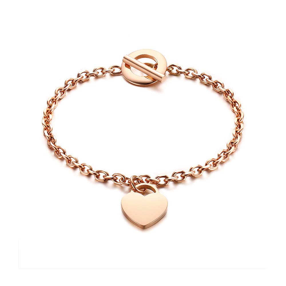 Rockyu レディースブレスレット ハートチャーム付き チタン製OTマンテルチェーン ピンクゴールド