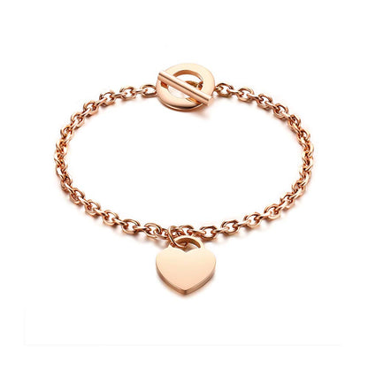 Rockyu レディースブレスレット ハートチャーム付き チタン製OTマンテルチェーン ピンクゴールド