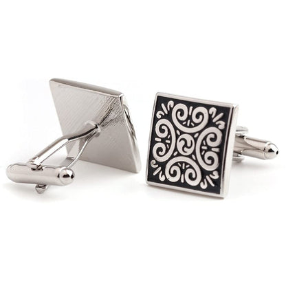 Rockyu カフスボタン メンズ 正方形 花模様 シルバー ゴールド ブラック 和風 アンティーク調