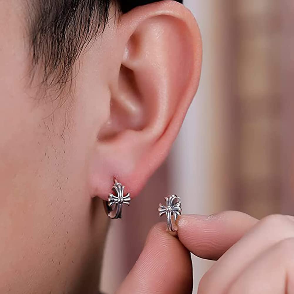 Rockyu ピアス メンズ シルバー925 クロス フープピアス 小ぶり リング 両耳用 男女兼用 アレルギー対応