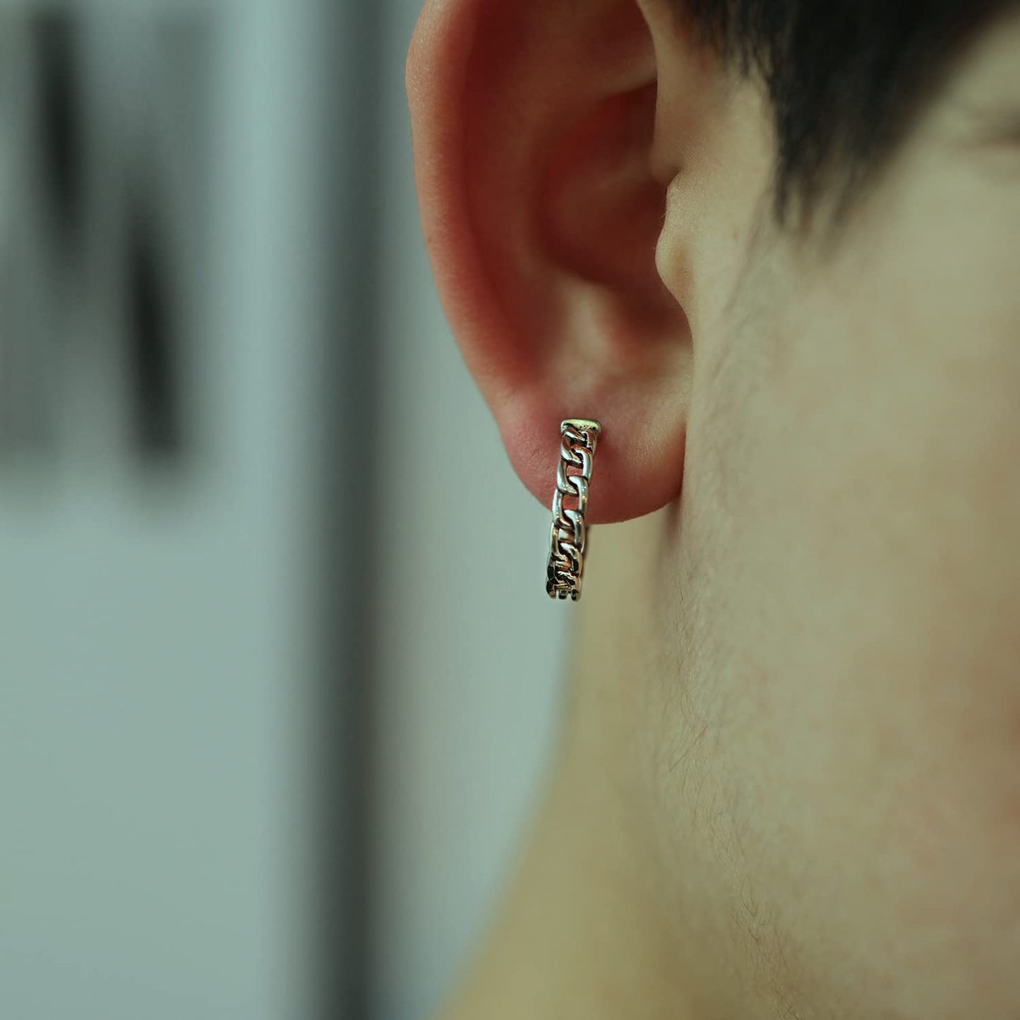 Rockyu 喜平チェーンフープピアス メンズ｜シルバー×中折れ式・金属アレルギー対応