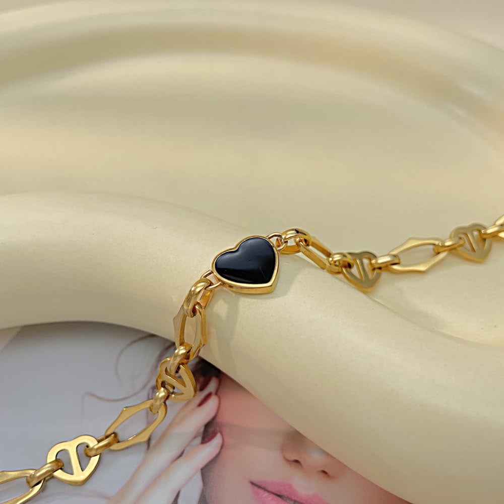 Rockyu ブレスレット レディース ハートチェーン ゴールド＆シルバー ブラックエナメル 金属アレルギー対応