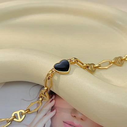 Rockyu ブレスレット レディース ハートチェーン ゴールド＆シルバー ブラックエナメル 金属アレルギー対応