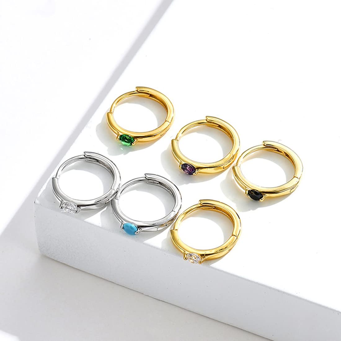 Rockyu ピアス レディース シルバー925 ジルコニア カラー宝石 鏡面仕上げ 円型 リングピアス 金属アレルギー対応 ファッション アクセサリー ギフト