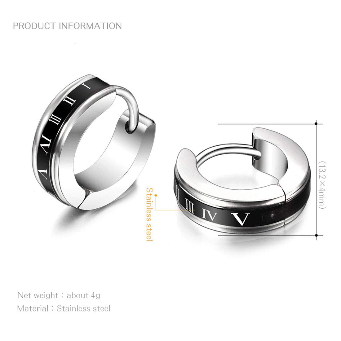 Rockyu メンズフープピアス – ステンレス製 ローマ数字＆ギリシャ風刻印 両耳セット